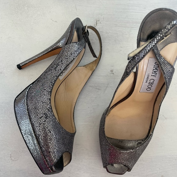 Jimmy Choo Silver Metallic Nova Glitter Slingback Pumps Heels - Picture 9 of 9